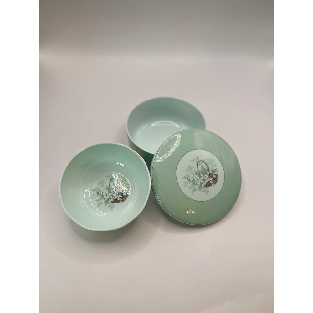 Hankook Bone China Mint Green Floral Basket Lidded Bowl Set Cottagecore 
Flower